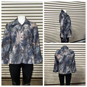 Coldwater Creek Jacket Blue Grey Floral Metallic Demask Print snap front bead